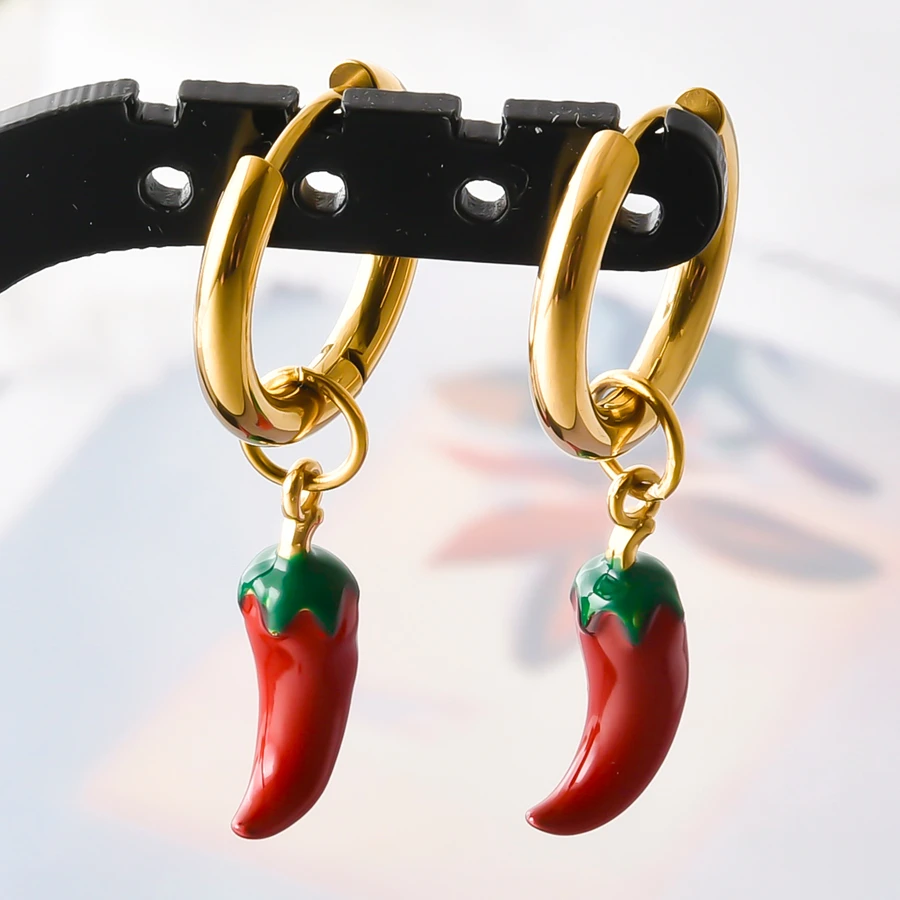 Emaille-Obst-Tier-Anhänger-Ohrringe, echt vergoldet, 316 Edelstahl, Granatapfel-Chili-Ohrringe für Damen und Herren, Schmuck – Detail 25