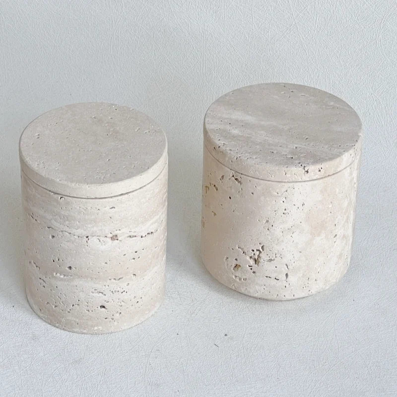 D9X11.5CM Wabi-sabi Beige Travertine Marble Jars Stone Vessel Storage Candle Tank with lid and boxes Packaging