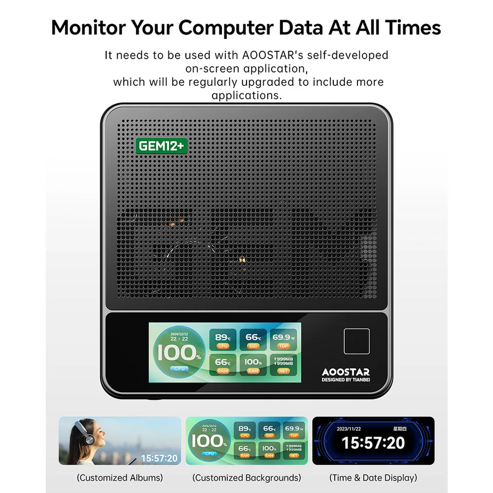 AOOSTAR GEM12+ Pro Mini PC with Display, Fingerprint Unlock, AMD