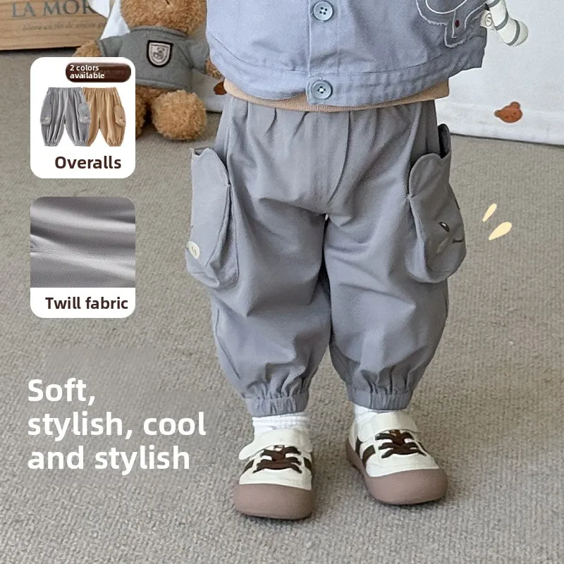 

Children's Solid Color Work Pants 2025 New Autumn Style Boys' Western-style Teddy Bear Casual Pants Baby Big Pocket Pants
