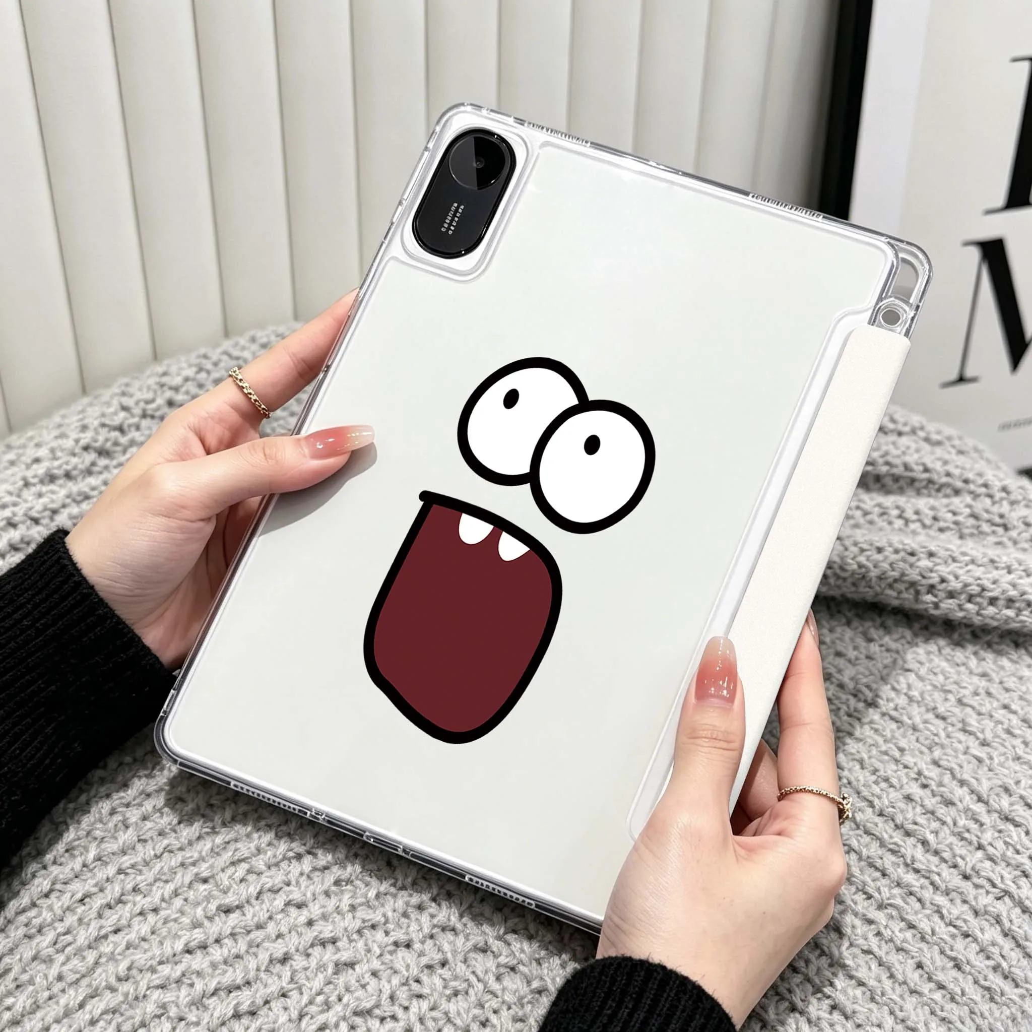 Cartoon Face With Mouth For Xiaomi Redmi Poco Pad 5 6 7 8 Pro SE 11 11.2 12.1 Inch Transparent Y-Shaped Folding Tablet Case