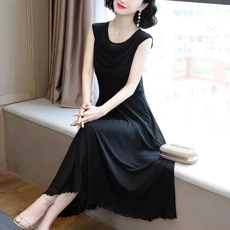 Women Summer Fashion Simplicity Solid Color Sleeveless Pleated Mesh Yarn Dresses Women Clothes Casual Temperament Long Dress