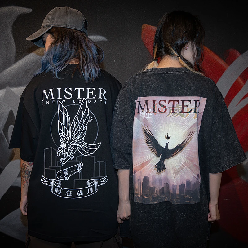 HOPE2025 Summer New MISTER Washed and Old Pure Cotton Flying Bird City Soaring Men's and Women's Same Short-sleeved T-shirt