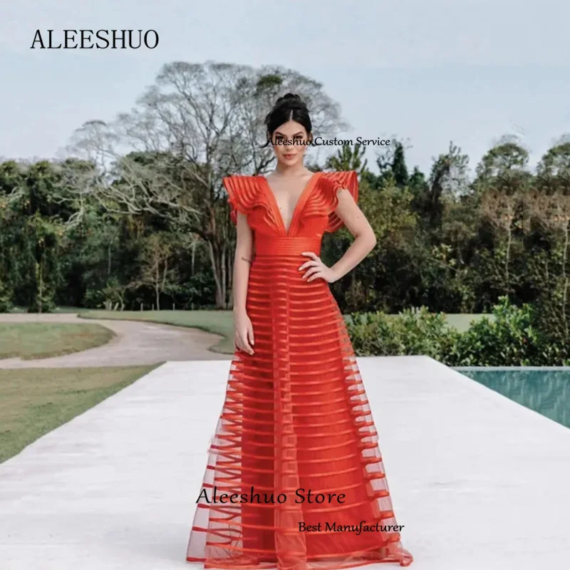 Aleeshuo viola elegante maniche a berretto lungo Tulle abiti da ballo profondo scollo a v Backless abiti da sera a terra abito da festa de soirée