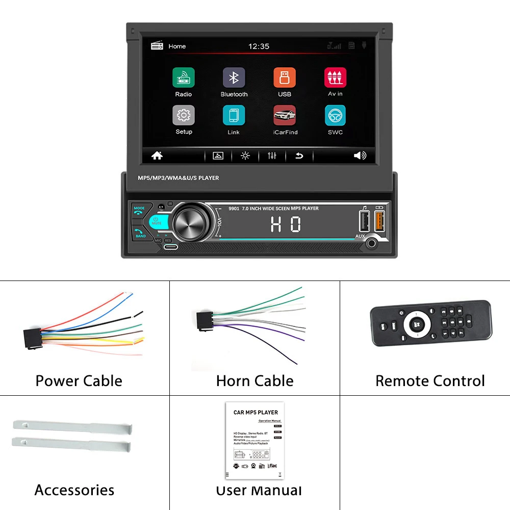 Camecho 1 Din Autoradio 7 ''Intrekbaar Scherm MP5 Multimedia Speler 1Din Autoradio FM Radio Bluetooth Mirrorlink USB/Type-C AUX