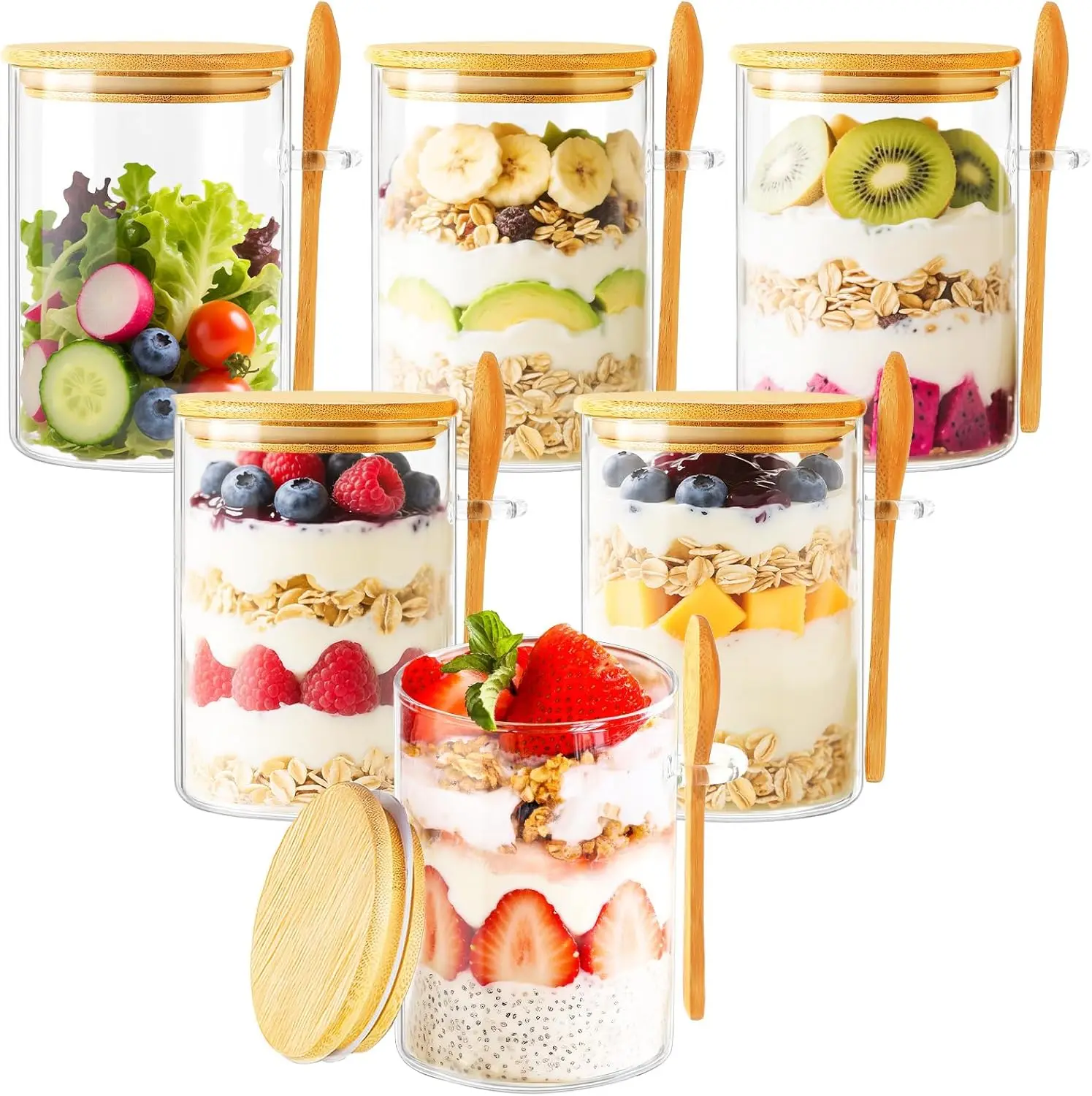 Paquete de 6 Recipientes para Avena Nocturna con Tapas y Cucharas, Frascos de Vidrio de 16 oz con Tapas de Bambú, Recipientes Herméticos para Yogur y Preparación de Comidas