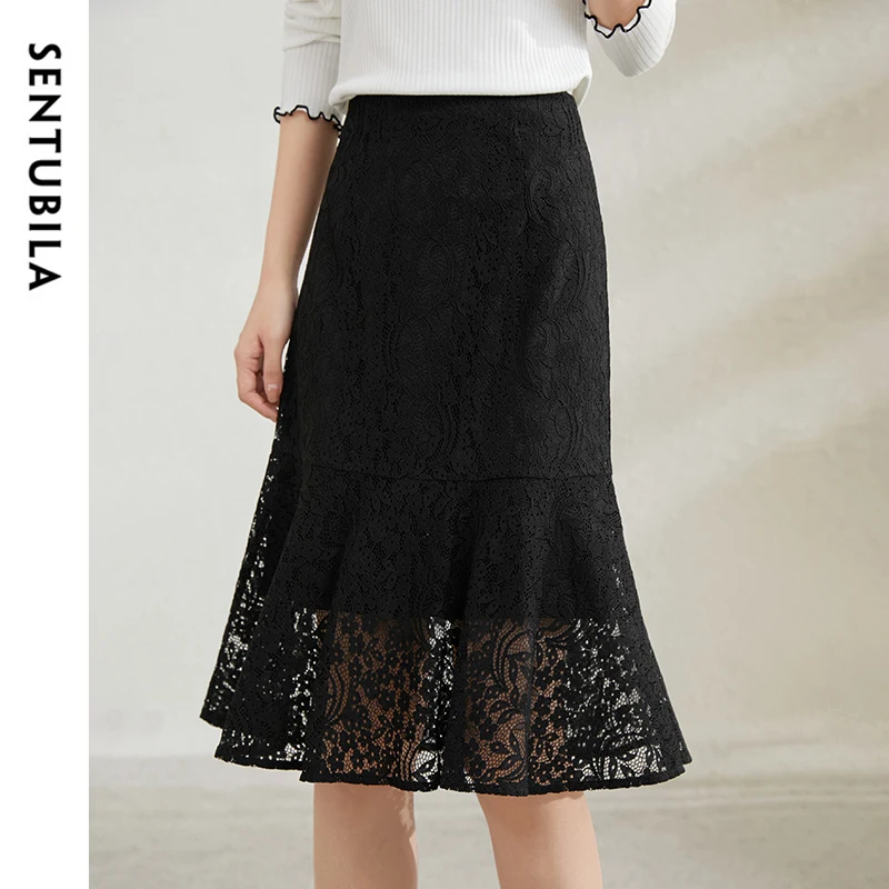 SENTUBILA Cotton Mermaid Skirt For Women 2024 Autumn Elegant A-line Knee-length Lace Black Skirt Women Clothing 141Q56065C