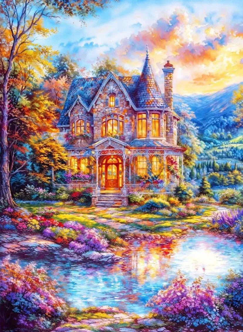 DIY Cross Stitch Kit 9ct 70x90cm Castle Embroidery DIY Chinese Style Printed Canvas Needlework Home Decor Crafts