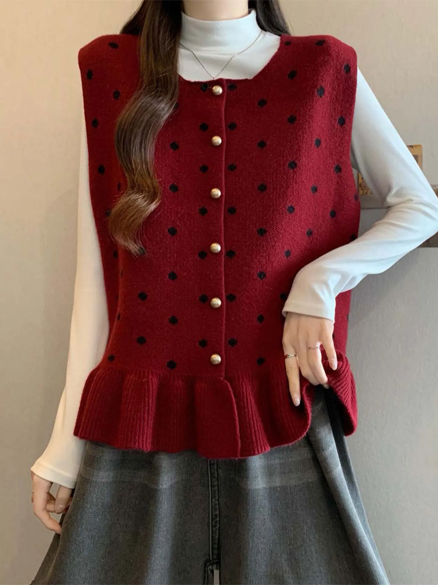 

Женский вязаный жилет в красную горошек, весенний, больших размеров, свободный крой, повседневный, для ношения поверх одежды, с круглым вырезом, верхняя одежда