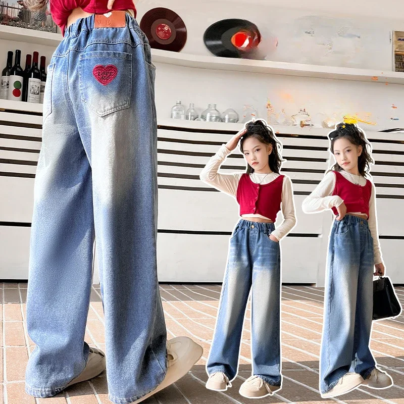 Girls Jeans 2025 Spring New Teenager Children Love Embroidered Jeans Kids Straight Leg Loose Wide-leg Denim Pants