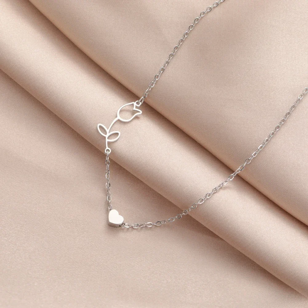 Skyrim Sideways Tulip Pendant Necklace for Women Stainless Steel Choker Chain Birthday Gift 2026 Flower Jewelry Wholesale