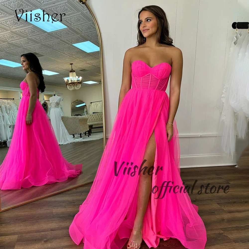 

Hot Pink Tulle Evening Dresses for Women Sweetheart Sleeveless A Line Prom Dress with Slit Train Formal Evening Gowns