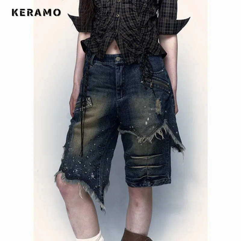 2024 Summer Y2K Harajuku High Waist Street Ripped Baggy Jean Shorts For Women Casual Loose Fit Tassels Zipper Denim Shorts