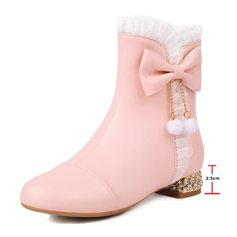 FOREADA Women Lolita Ankle Boots Round Toe Thick Low Heel Kawaii Ruffles Chain Bow Short Boot Ladies Cosplay Shoes Autumn Winter