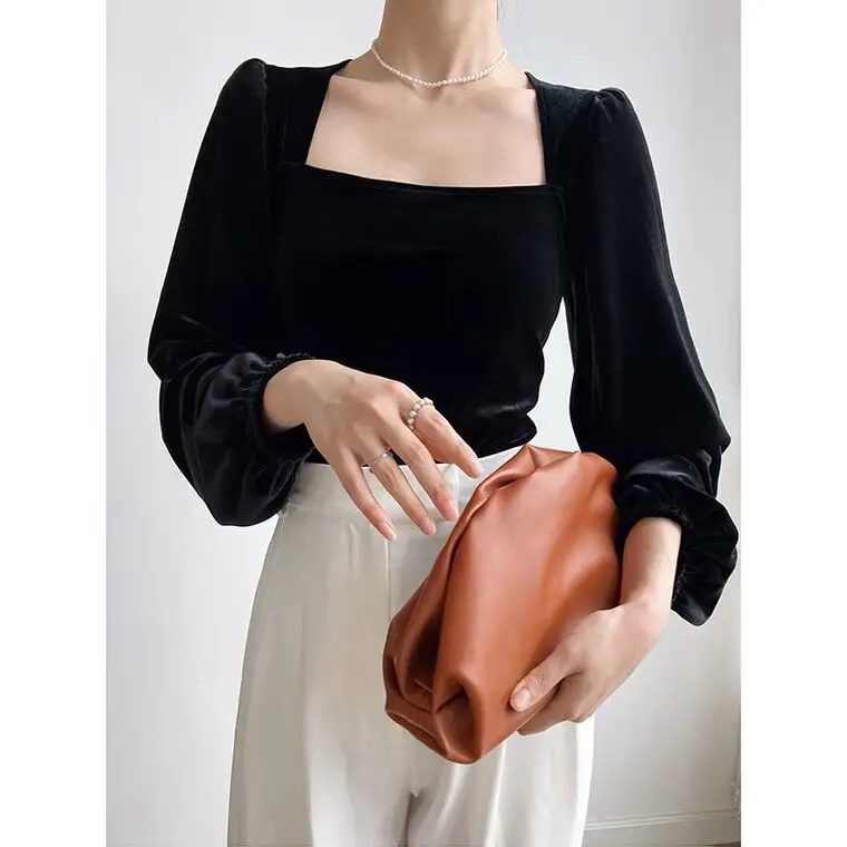 camisas elegantes de veludo plus size estilo palácio gola quadrada manga lanterna blusa de veludo dourado preto roxo
