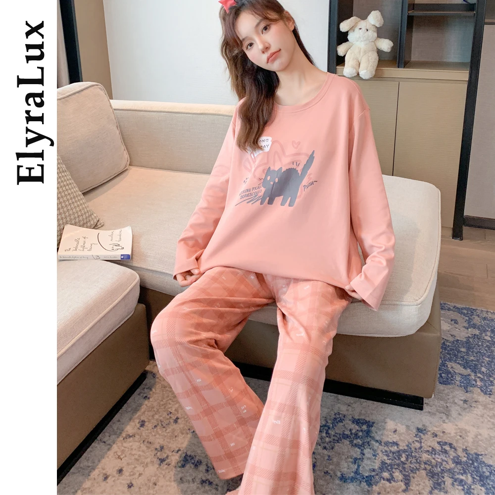 

ElyraLux комплект из 2 предметов, пижамный женский весенне-осенний корейский вариант свободного домашнего костюма с длинными рукавами, женская летняя пижама