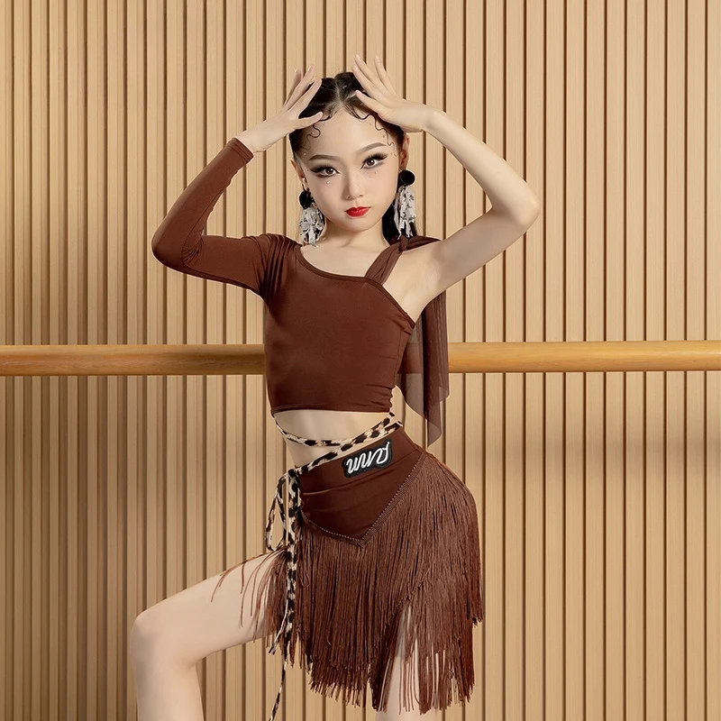 Cha-cha danceLatin danskostuum meisjes oefenkostuum nieuwe kinderprestaties kwastje rok wedstrijdregulatie kostuum