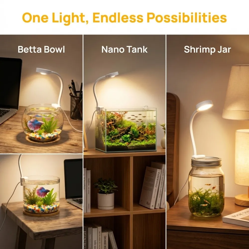 

Clip-On LED Fish Tank Light Infinitely Variable Dimming 3-color Aquarium Light LED Lighting 360° Adjustable Fish Tank Lamp