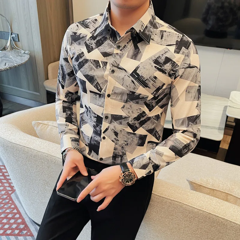 Korean Trend Printed Shirt for Men High-quality Slim Long Sleeved Shirt Casual Business Social Formal Dress Shirts Men Clothing