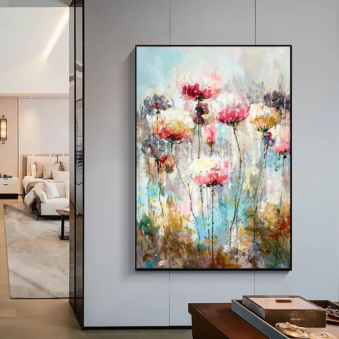 

Abstract Flower Landscape Handmade Oil painting on Canvas Large Pink Floral Textured Acrylic Painting Modern Wall Art Home Decor