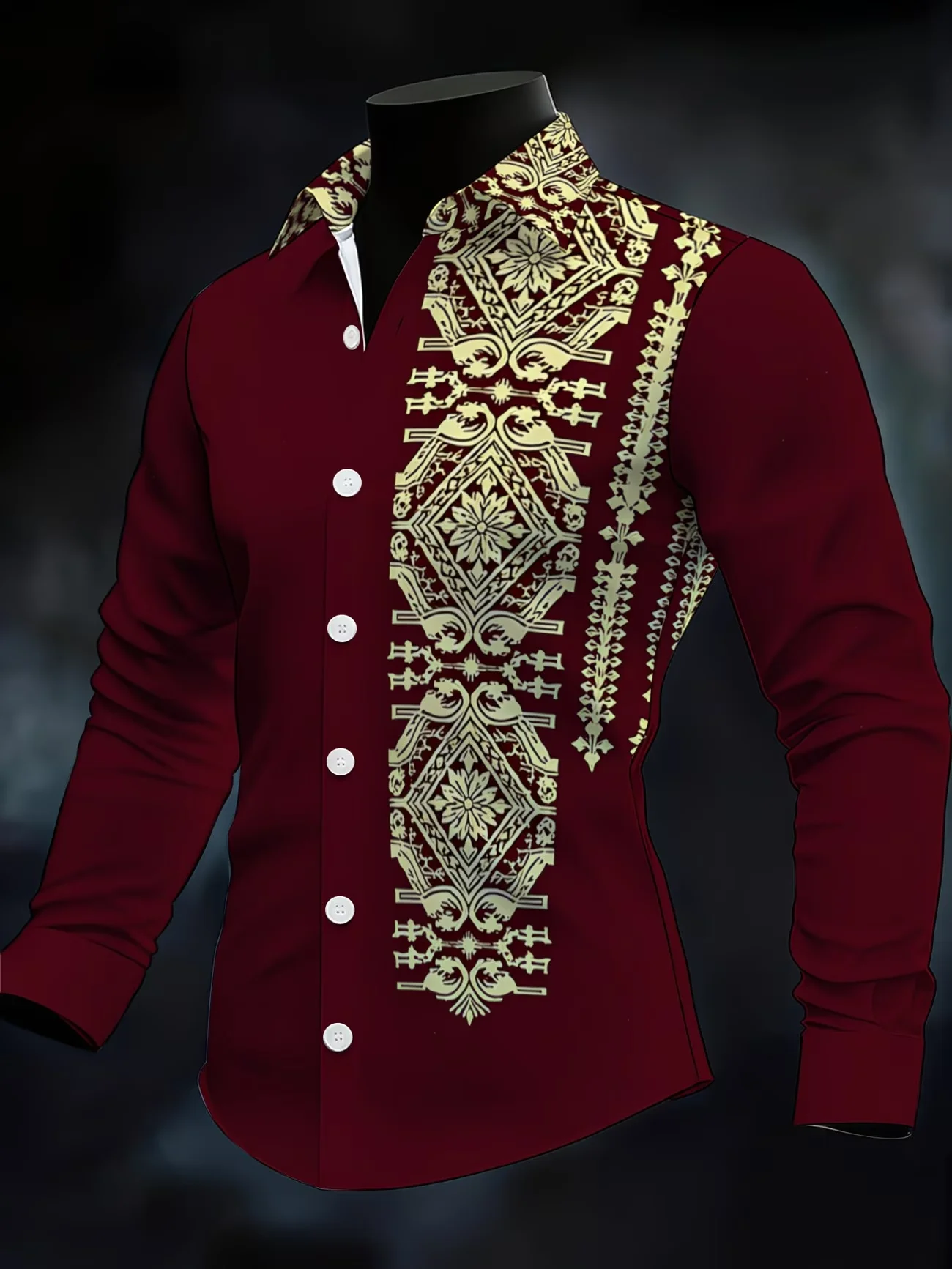 New Wine Red Background Hot Stamping Ethnic Style Printed Men's Long Sleeved Shirt Retro Style Casual Flower Shirt