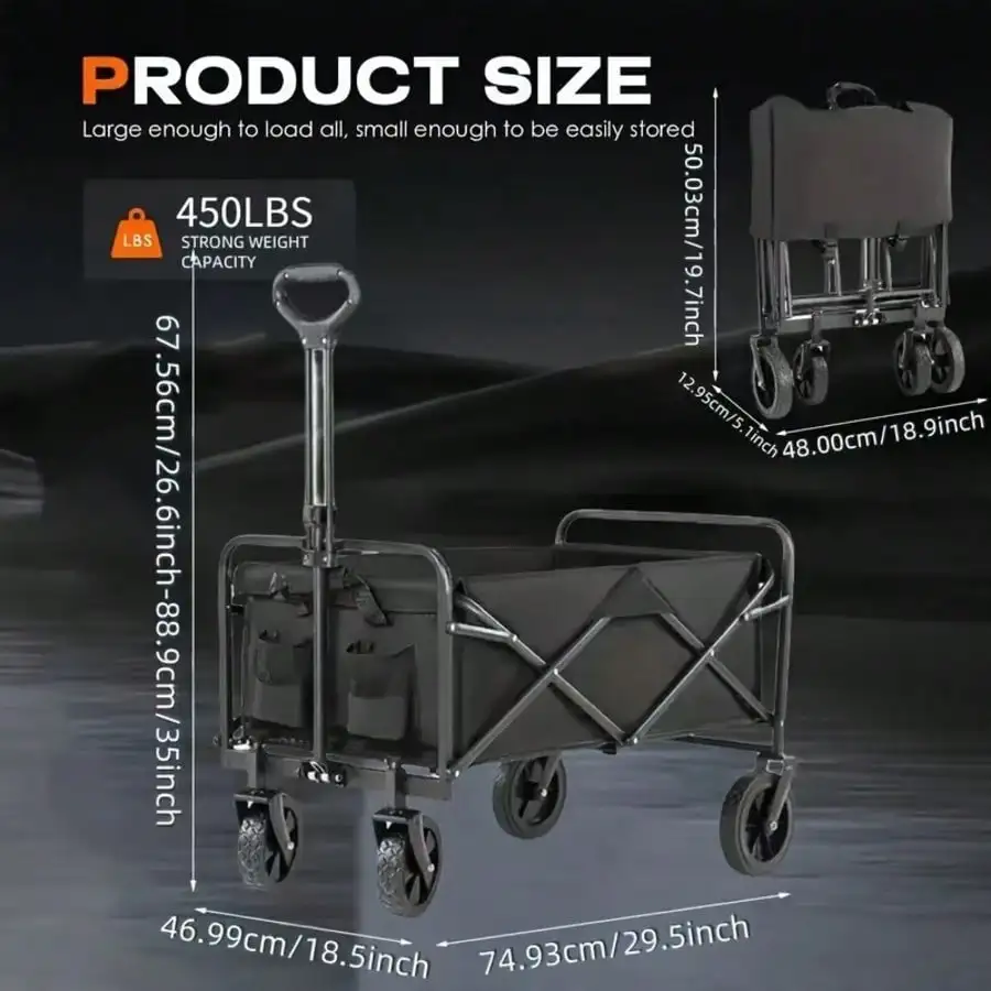 Foldable Wagon Cart Heavy Duty Black Alloy Steel Frame 600D Oxford Fabric 680 LBS Collapsible Utility Cart With 4 All-Terrain Wh