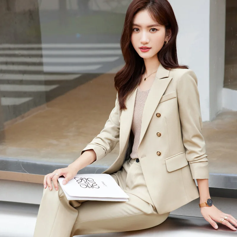 Long Sleeve Short Chic Elegant Slim Green Suit Jacket Two-Piece Set Apricot Work Uniforms Formal Wear