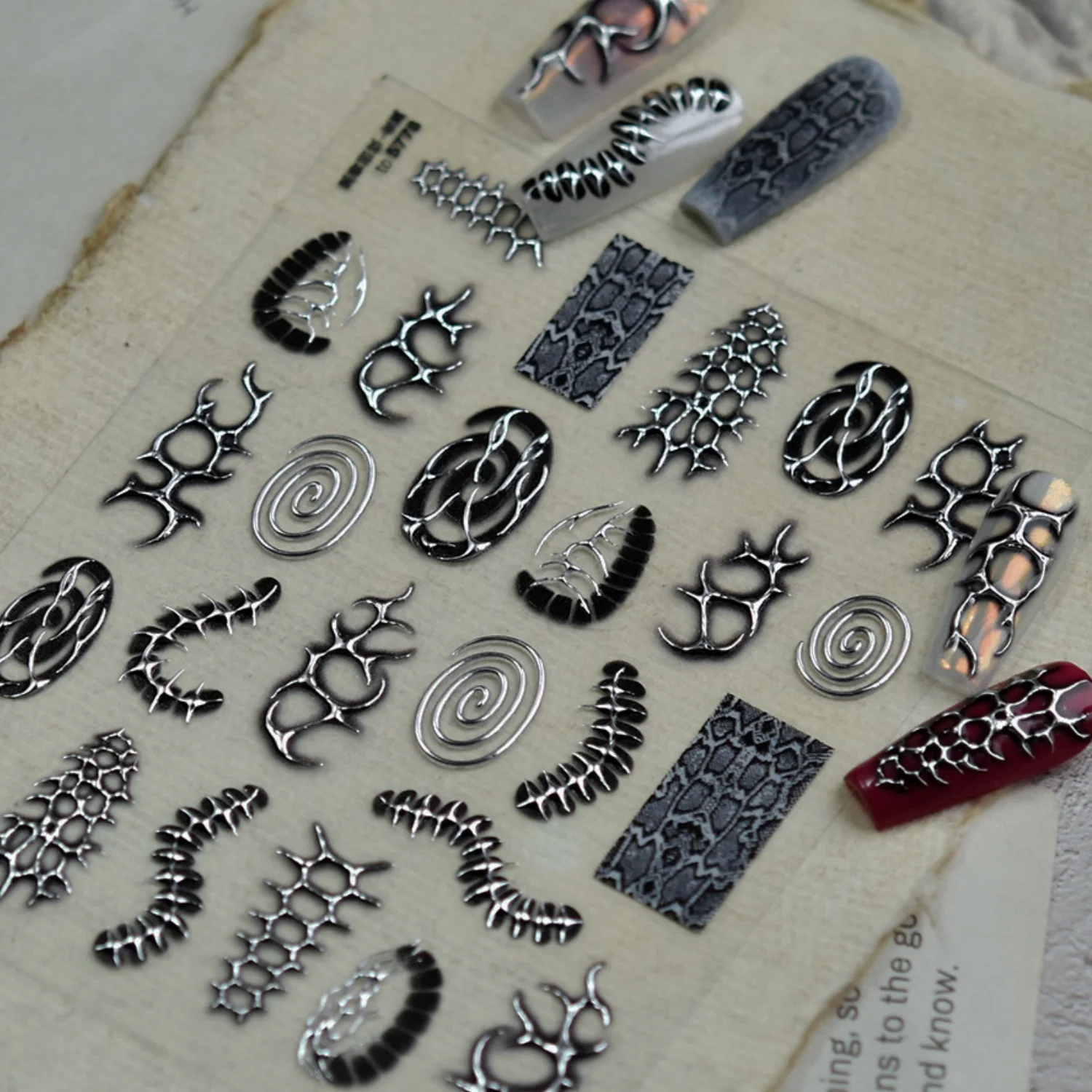5D Dark Gothic Nail Sticker Metal Bone Snake Pattern Thorn Line Silver Outline Black Shadow Spiral Nail Decal Punk Cool Manicur view 6