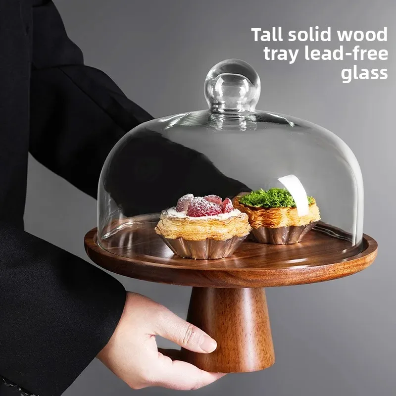 Tall Cake Tray Exquisite Dessert Table Display Rack Wooden Afternoon Tea Tray Chinese Pastry Tray Glass Cover