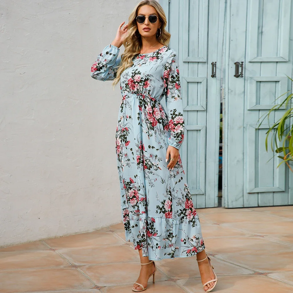 Sping Summer Bohemian Women Maxi Dress Casual Long Sleeve High Waist  Woman Chiffon Dresses Floral Vestidoes Muslim Dress