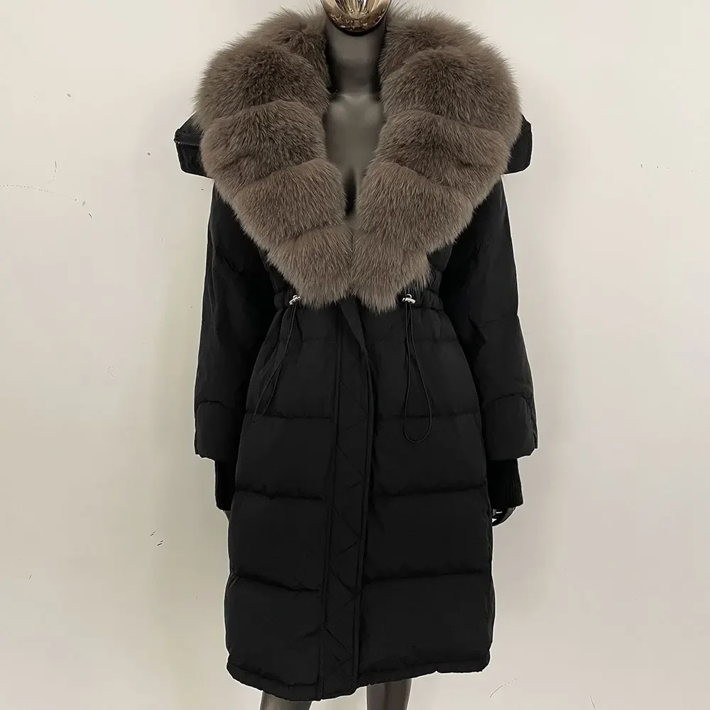 Femmes automne hiver fourrure de raton laveur naturelle vraie fourrure de renard doudoune doudoune longue manteau chaud femme blanc canard doudoune