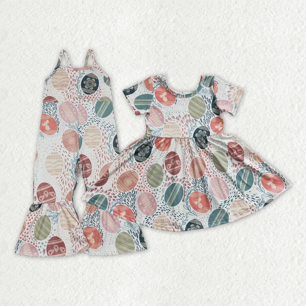 

Wholesale western boutique clothing children Sibling Baby Girls Easter Eggs Colorful Jumpsuits Dresses