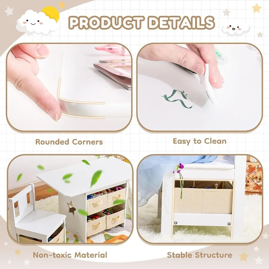 Zestaw stół i krzesła z 6 pojemnikami do przechowywania dla maluchów, drewniane meble z powierzchnią odporną na wodę, łatwa w czyszczeniu, pomysł na wyposażenie.