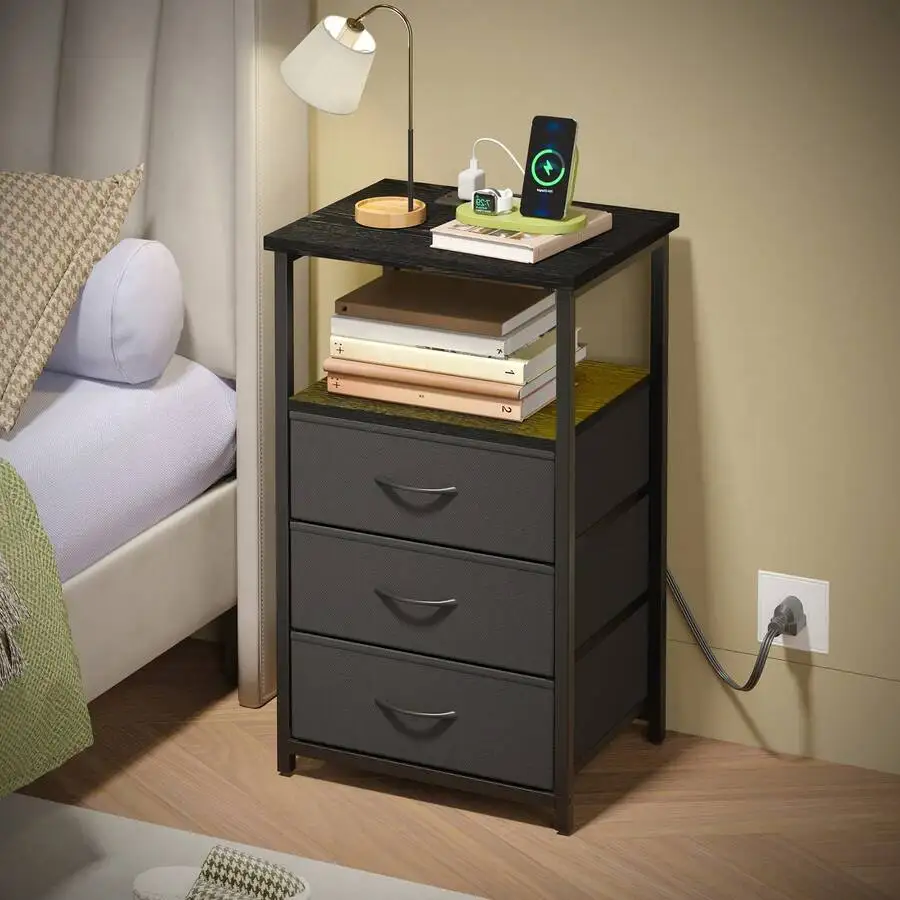 1/2pcs Night Stand With 3 Fabric Drawers, Nightstand For Bedroom, Bedside Table With Charging Station End Table With Storage