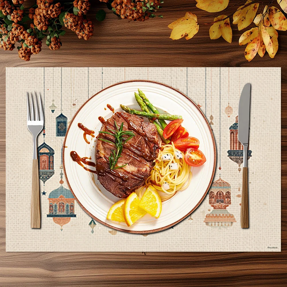 1-Piece Lantern & Moon Pattern Linen Placemat, Machine-Washable, Heat-Resistant & Easy To Clean, Home Dining Table Mat
