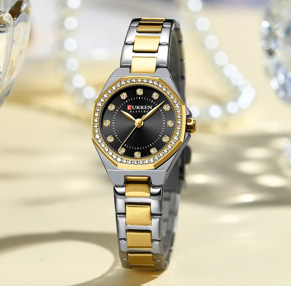 CURREN Modische Damenuhr mit zweifarbigem Edelstahlarmband, Strassbesetzter Lünette, Quarzwerk, Luxuriöses Elegantes Geschenk für Sie – Detail 16