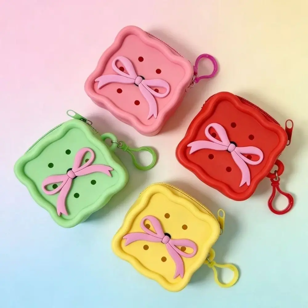 Square with Bow Tie Silicone Coin Purse Zipper Closure Mini Size Mini Wallet Soft Silicone Holes Design Storage Bag Girls Use