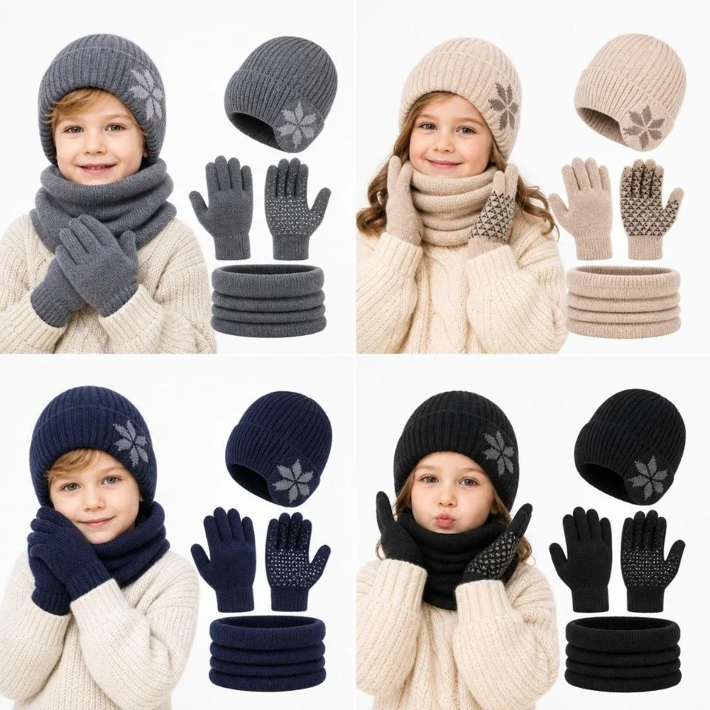 3Pcs Set Warm Winter Hat Scarf Gloves Set Snowflake Pattern Ear Protection Beanie Caps Windproof Non-slip Gloves