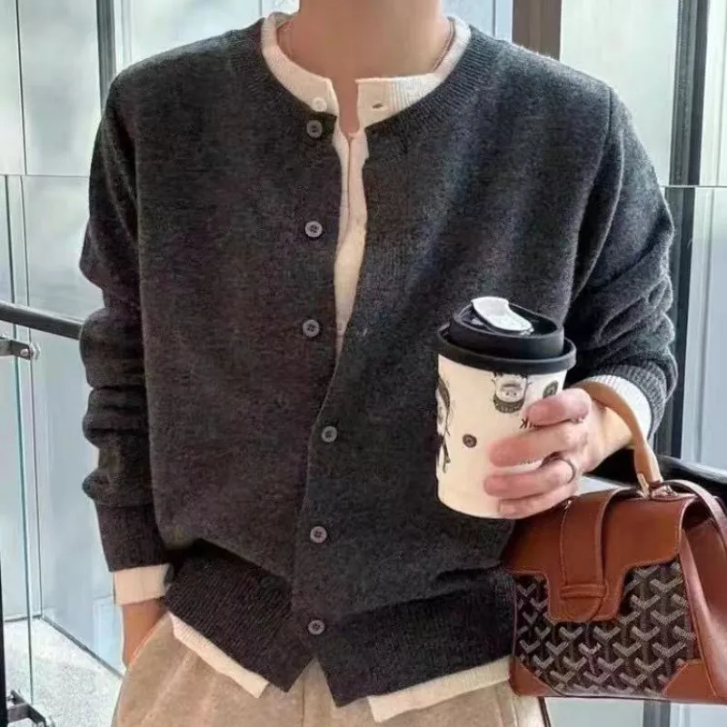 100% Pure Wool Fake Two-Piece Lazy Sweater Cardigan Dark Gray High-Quality Wool Knitted Top Women's Design Sense Simple Commutin