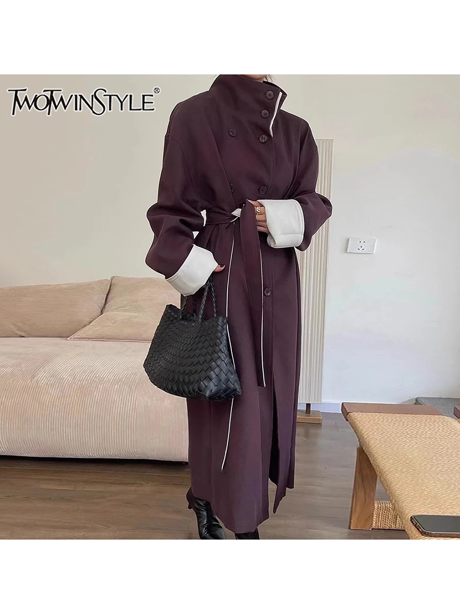 TWOTWINSTYLE Colorblock Casual Trench For Women Stand Collar Long Sleeve Patchwork Double Breasted Temperament Long Coats Female