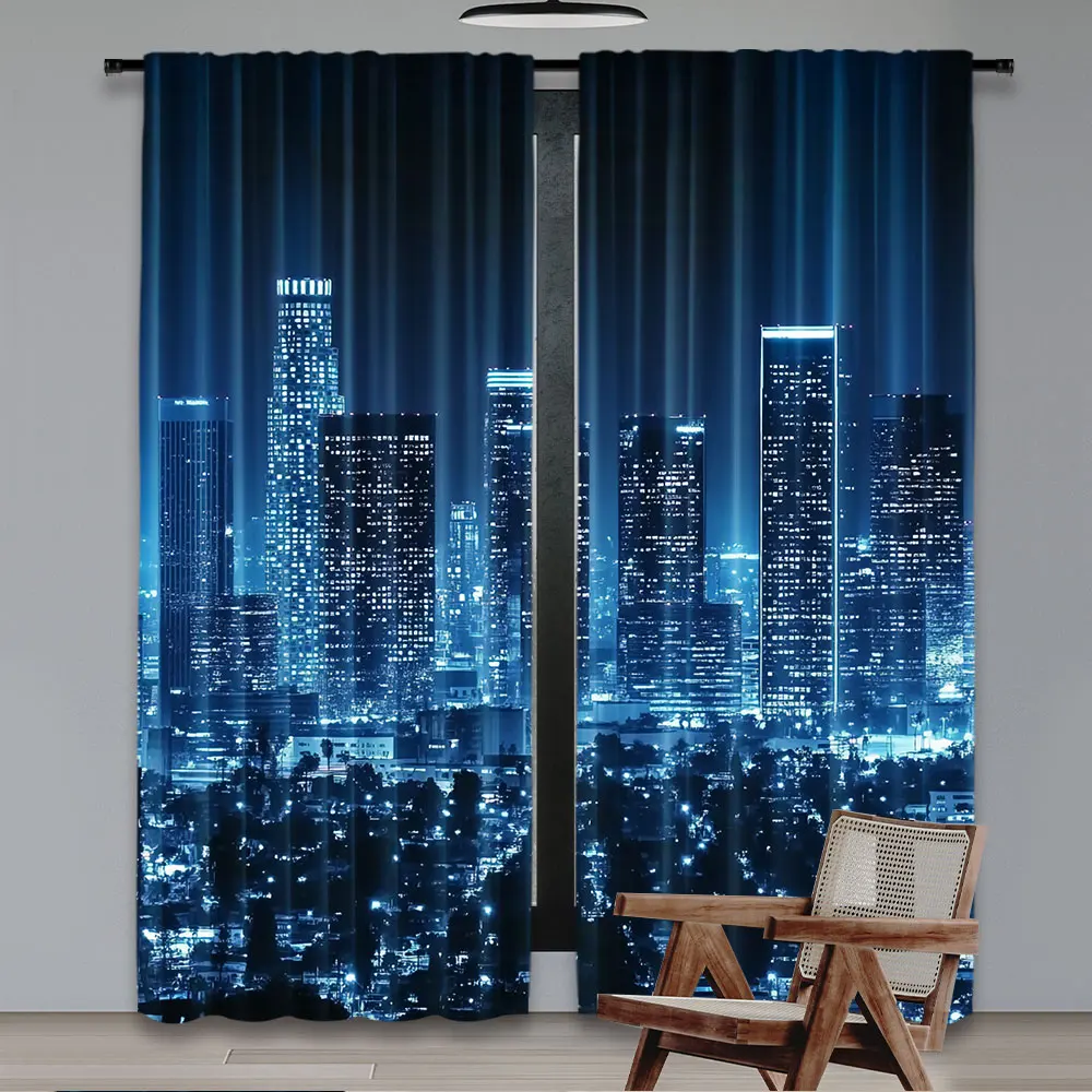 2Pcs Usa Curtain Los Angeles City Buildings At Night Monochromic Photo Scenery Dusk Suitable For Bedroom Bathroom Living Room