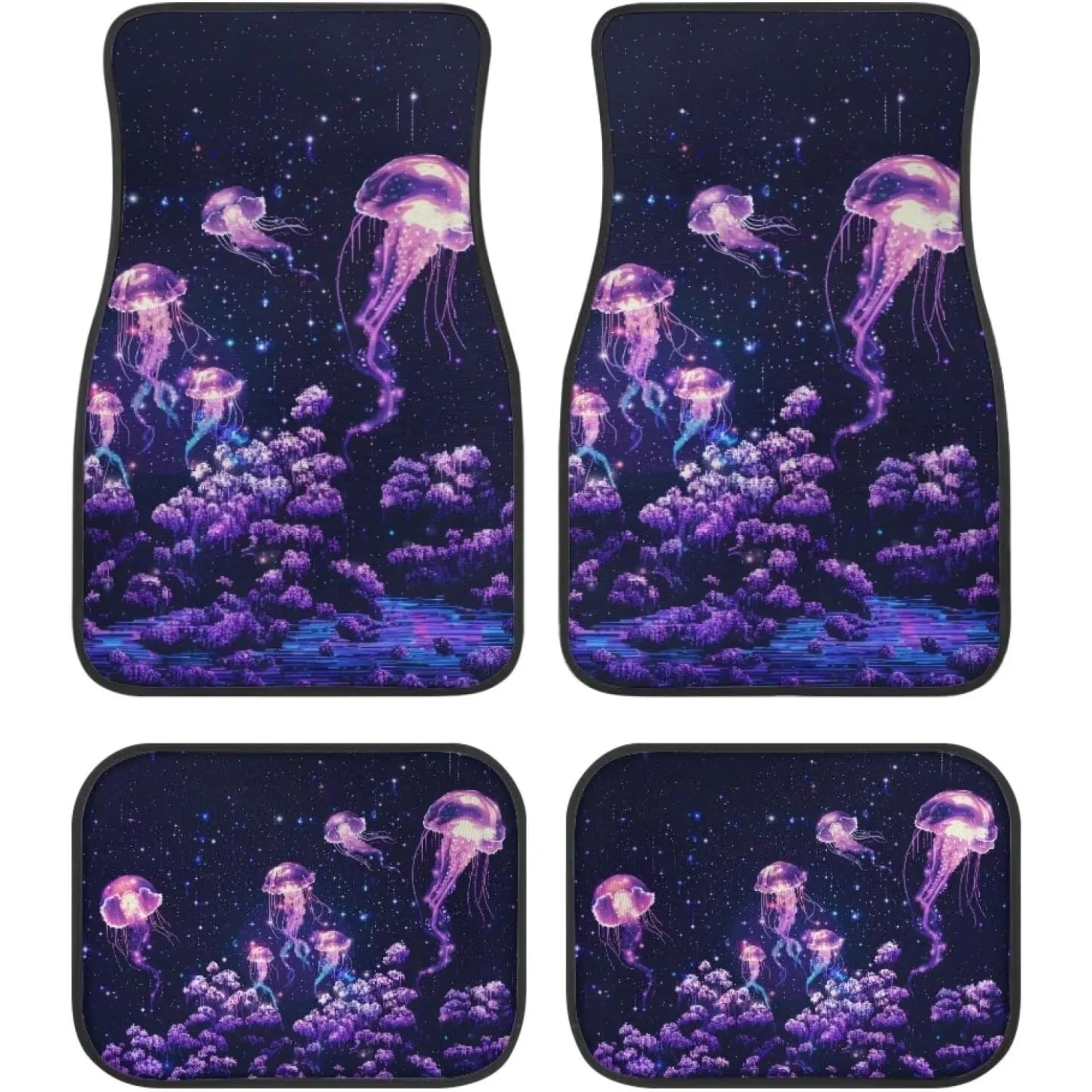 Set Of 4 Pixel Jellyfish Universal Car Floor Mats, Featuring Front And Rear Mats With Various Pixelated Designs