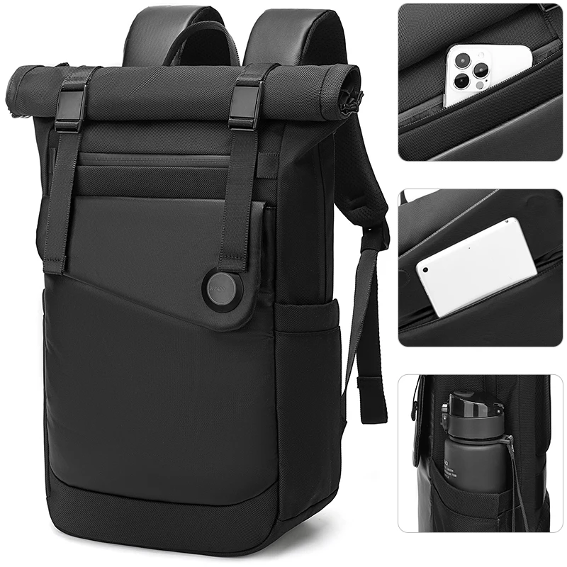 Evervanz-expansível mochila roll top, mochila moda impermeável com bolso portátil, adequado para o trabalho, negócios, viagem faculdade, preto