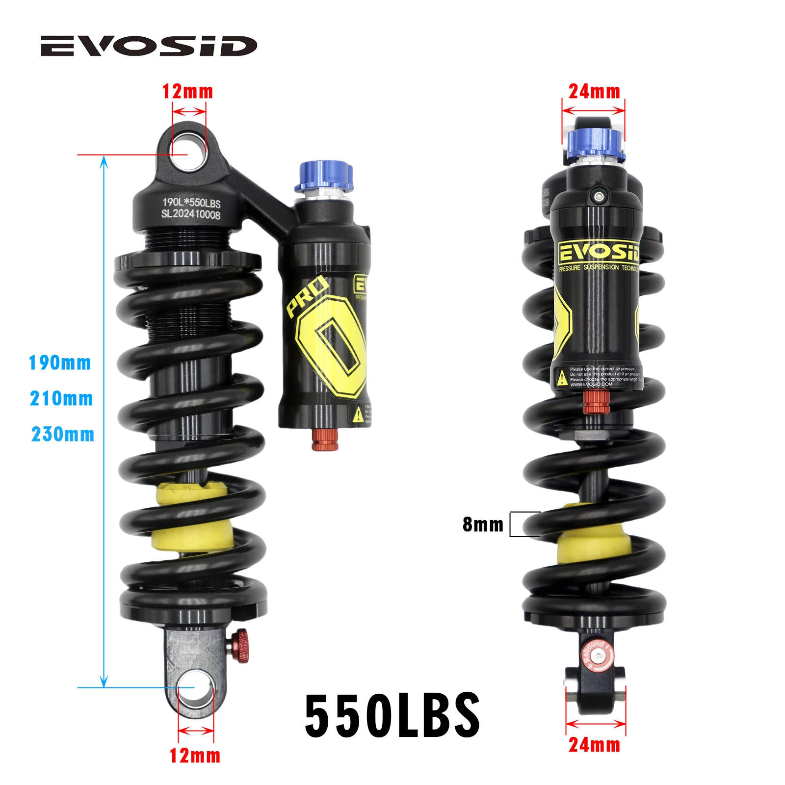 EVOSID MTB Bike Rear Shock Absorber DH FR AM MOTORCYCLE SHOCK BIKE ABSORBER 550lbs Downhill Mountain Bicycle Spring Suspension