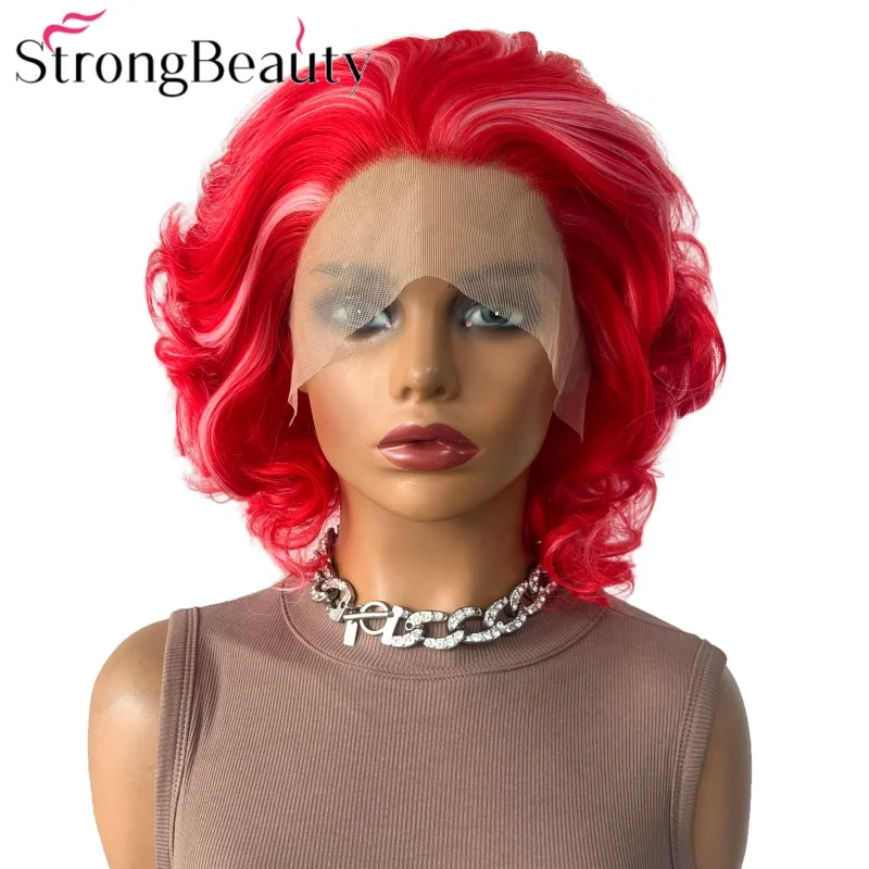 

StrongBeauty вьющийся парик фронта шнурка оранжево-красные синтетические женские волосы
