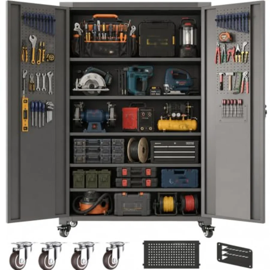 Metal Garage Storage Cabinet, 71 Inch Rolling Steel Tool Cabinet with Wheels, Locking Doors and Adjustable Shelves, Heavy Duty