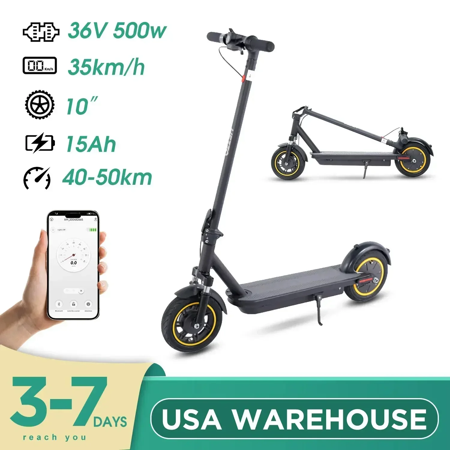 E-Scooter-Trottinette électrique pliable pour adulte, 36V, 15,6 Ah, 500W, 21,8 mph, injuste, 10 pouces, maximum 37.5 milles, longue distance, légère