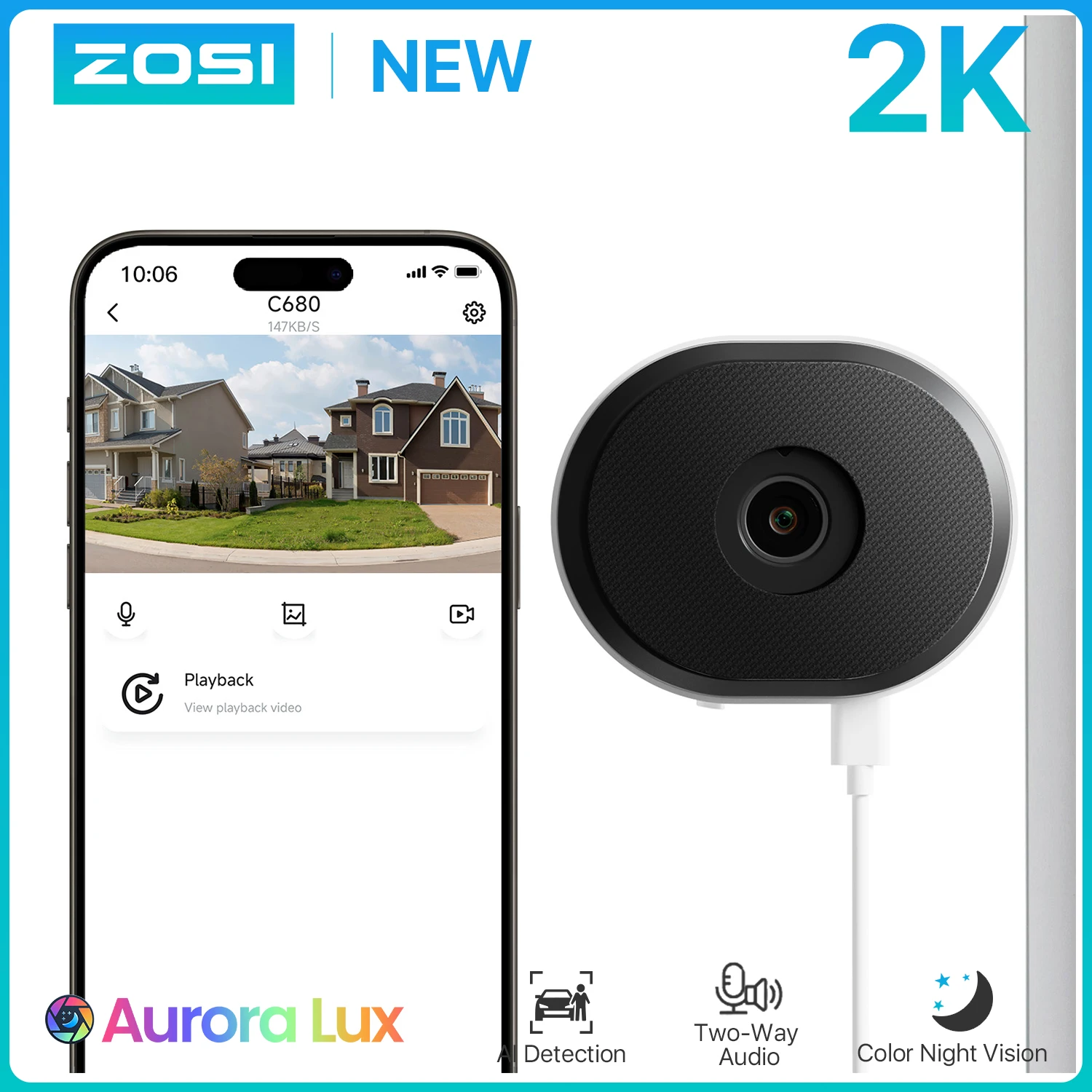 

ZOSI C680 2K Window Security Camera Full Color Night Vision 3MP Indoor Plug-in WiFi Surveillance Camera for Home Security