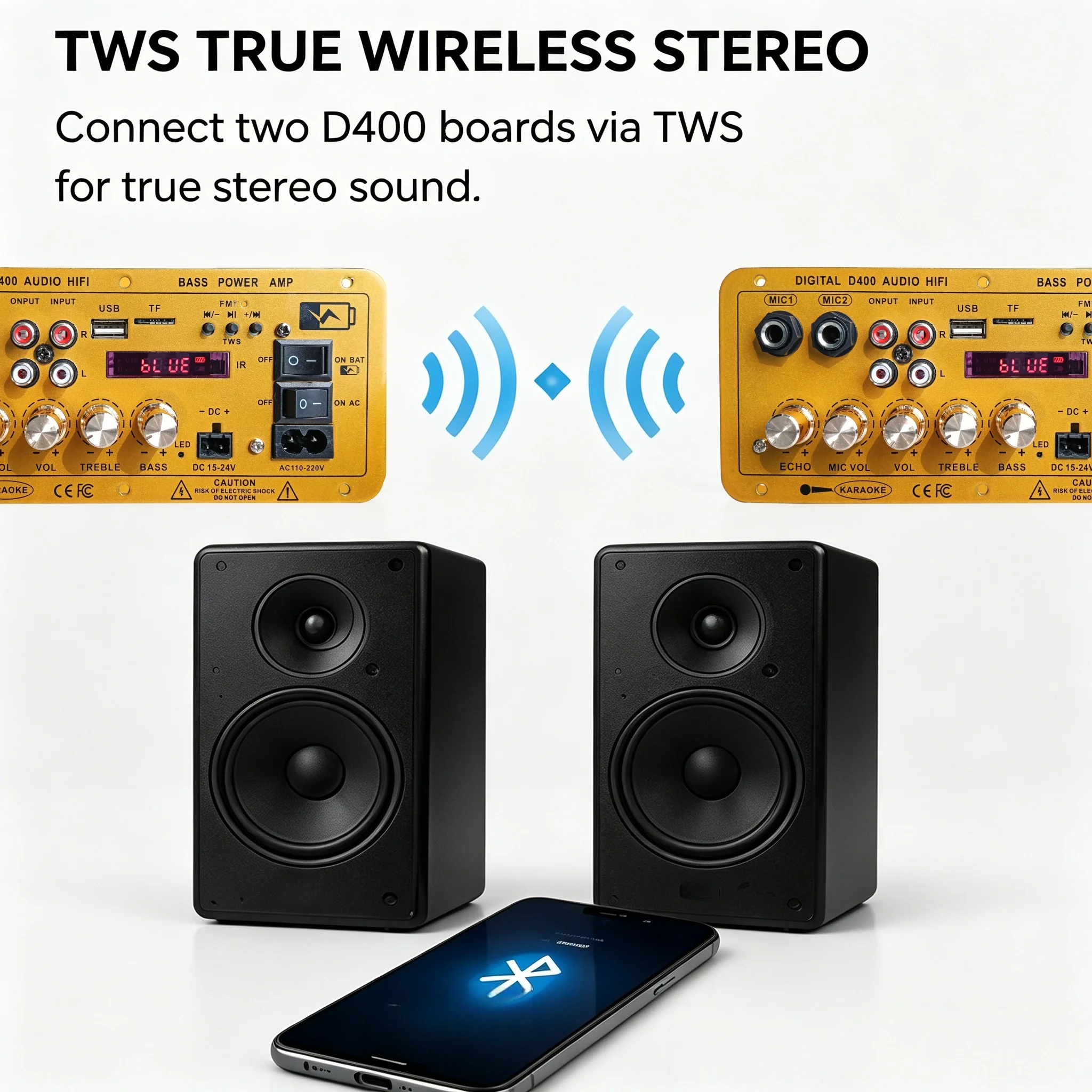 Woopker D400 Mono Bluetooth Amplifier Board 100W Power Home Amplification Dual Mic Battery Rechargeable Digital Amplifier Board view 5