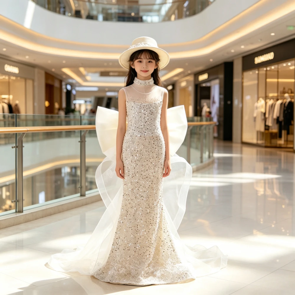 Children's Evening Dresses Girls Mermaid Formal Dress Luxury Sparkly Sequin Princess Gown, Kids Host Runway Piano Performance